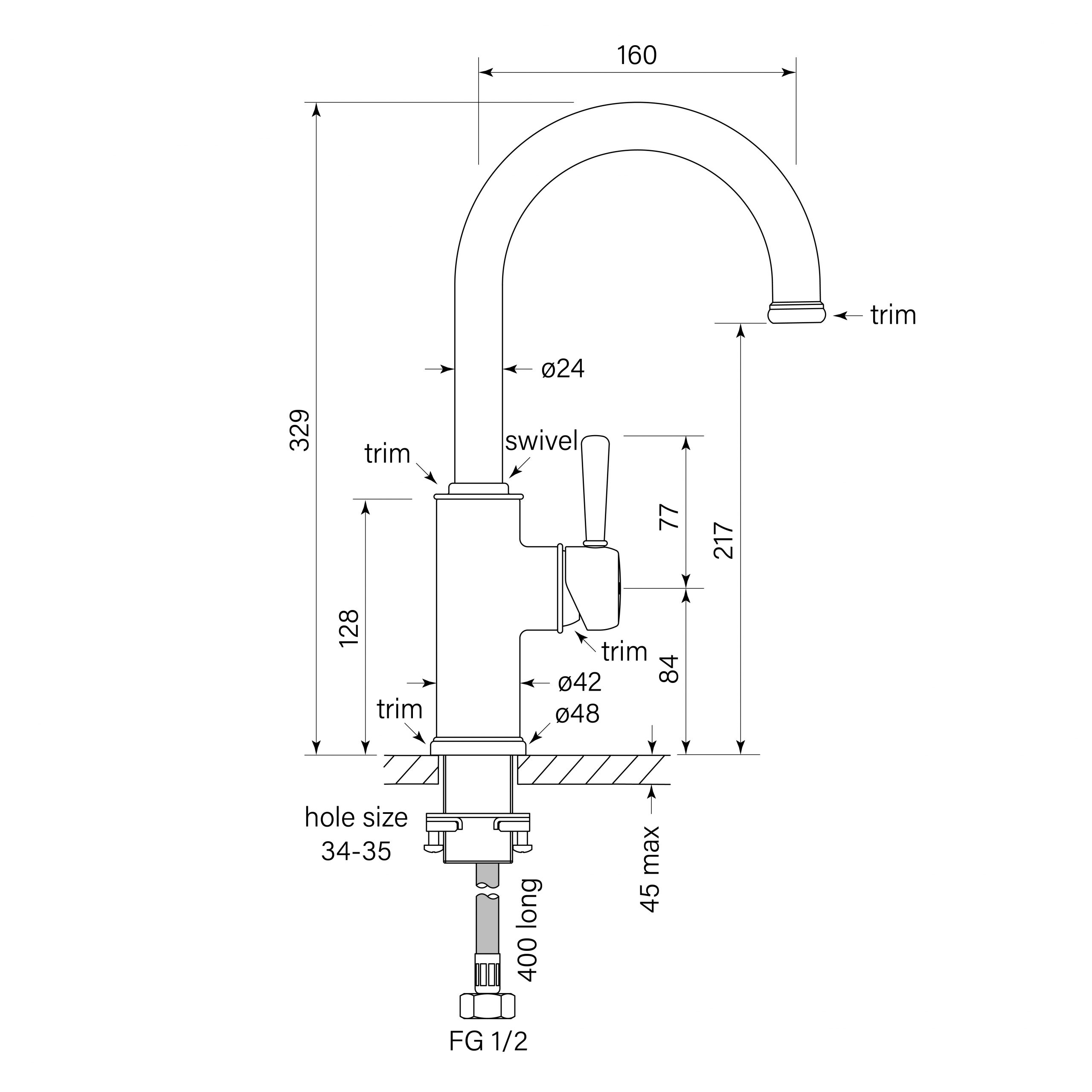 Cascade Basin Mixer Curve 160 dimensions image