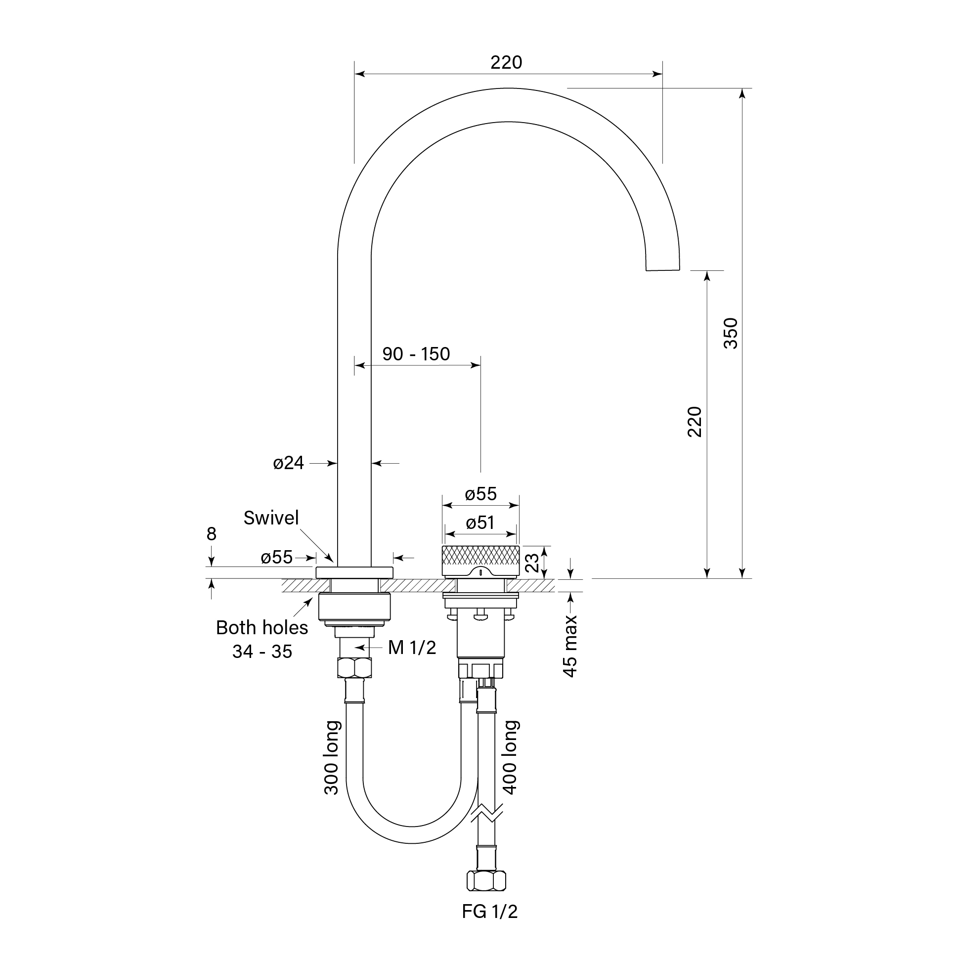 Zero Progresiv Knurl Hob Bath Mixer Curve dimensions image