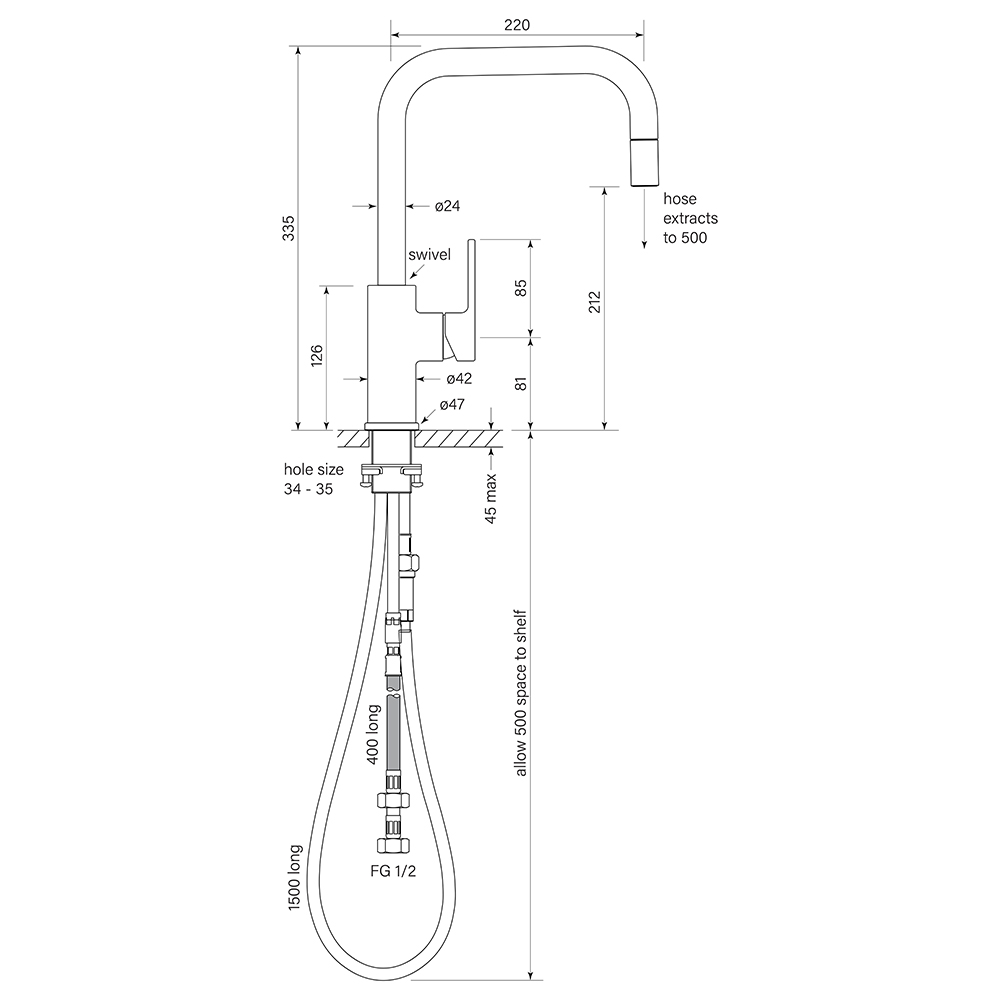 Zeos Sink Mixer Square, Pull Out dimensions image