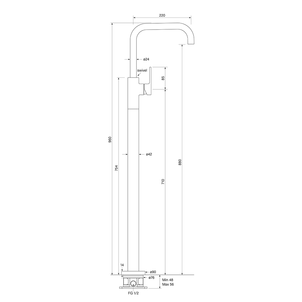 Zeos Floor Bath Mixer, Square dimensions image
