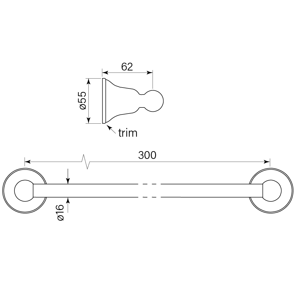 Cascade Handle Towel Rail Single 300 dimensions image