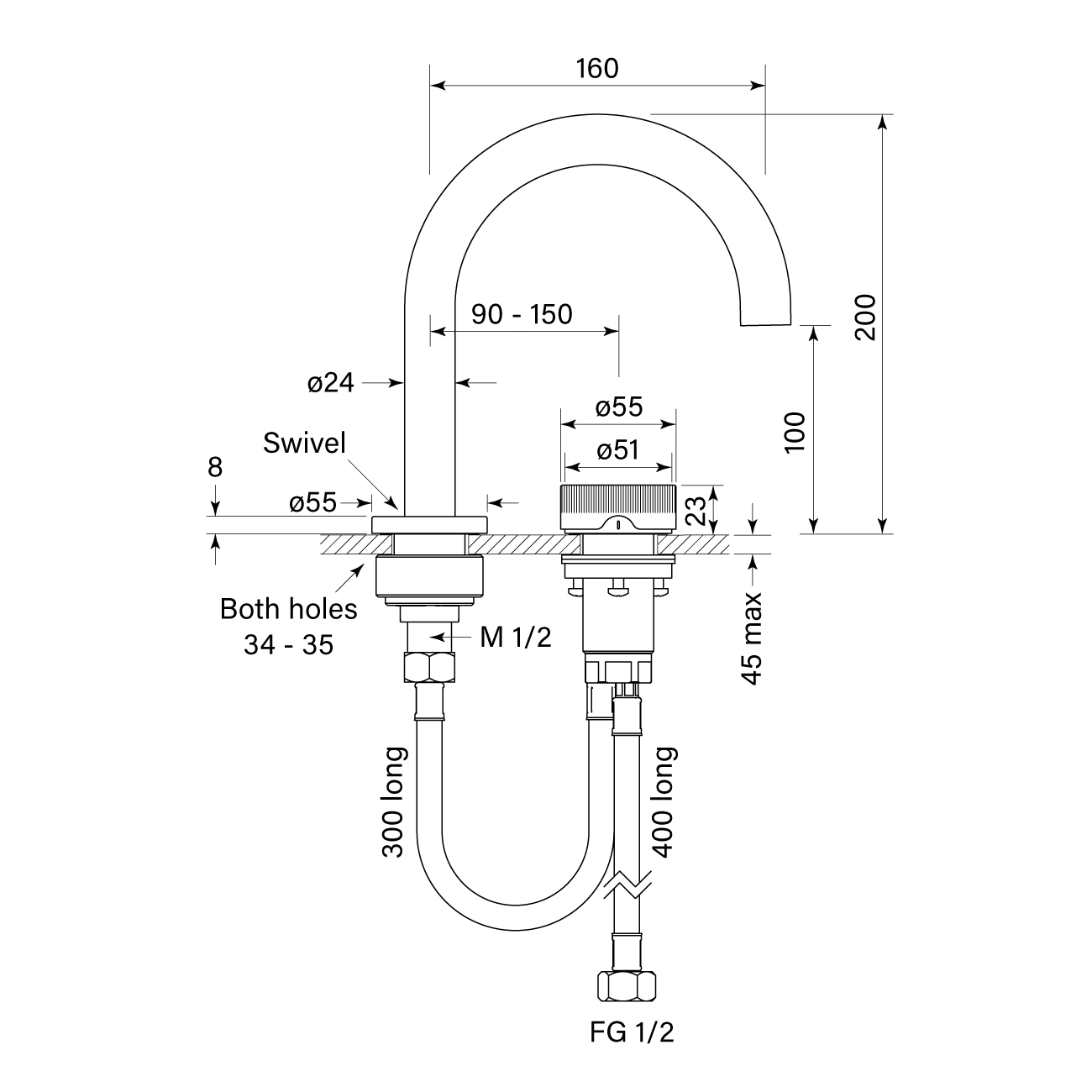 Zero Progresiv Fluted Basin Mixer Curve dimensions image