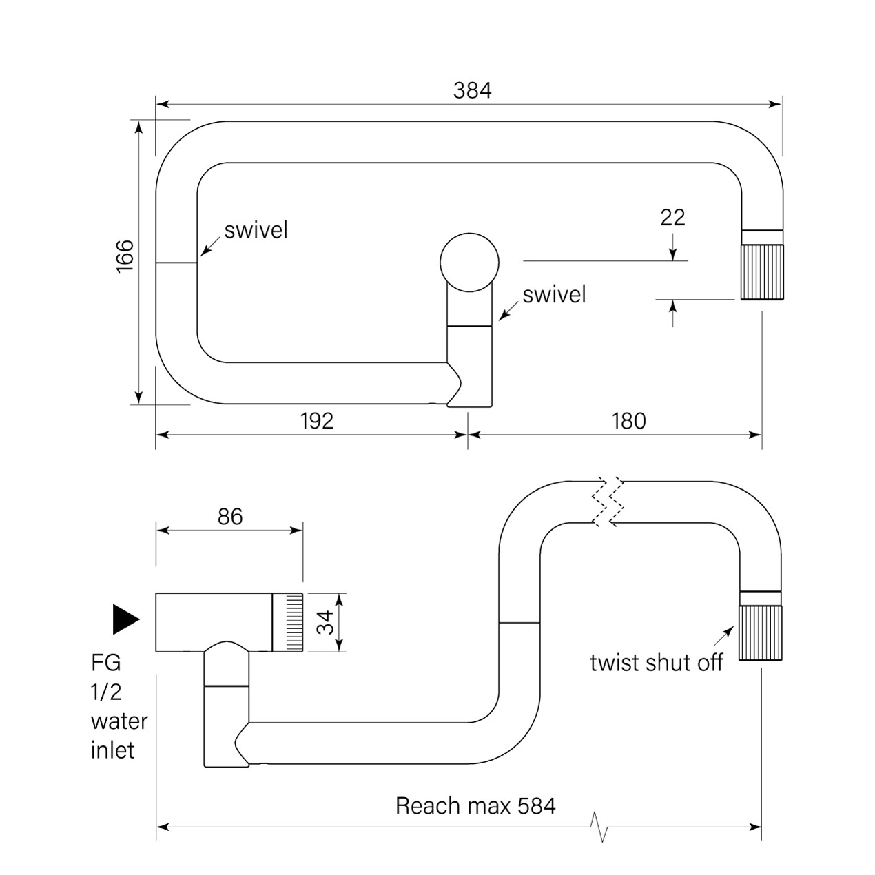 Zero Progresiv Fluted Pot Filler Wall dimensions image